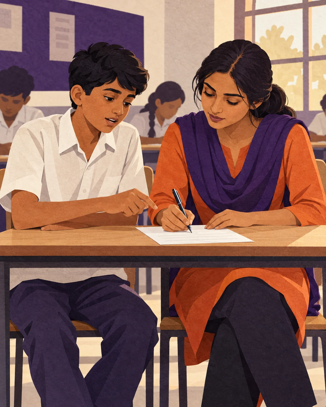 Illustration of a student dictating an exam answer to a volunteer scribe who writes it down